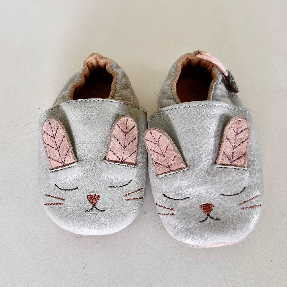 Moulin Roty Silver and Pink Bunny Soft Leather Baby Slip-Ons